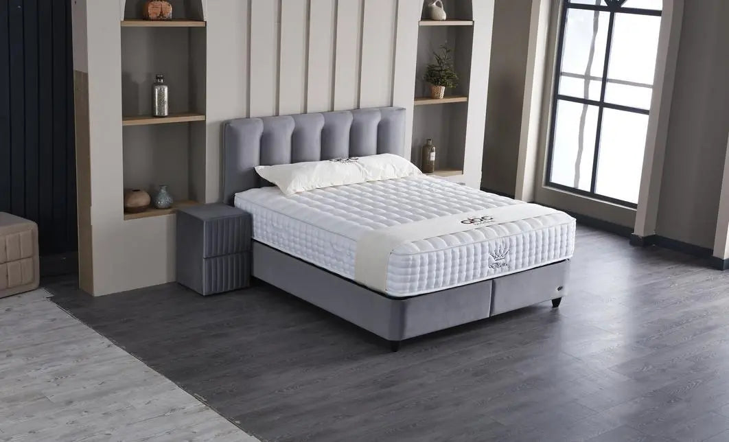 Set pat tapitat cu somiera cu saltea inclusa, gri inchis, 160x200 cm, Bonita
