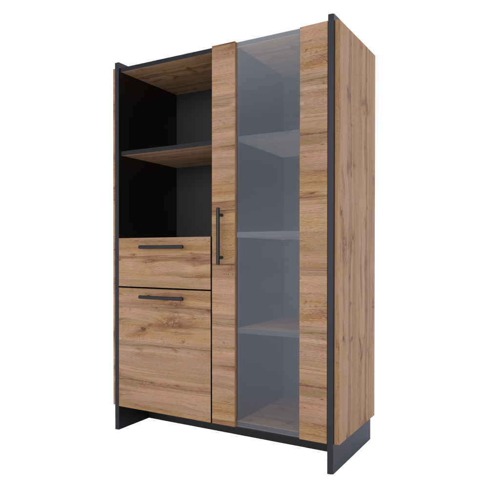 Vitrina joasa AMONI 1D1W1S, stejar wotan/negru