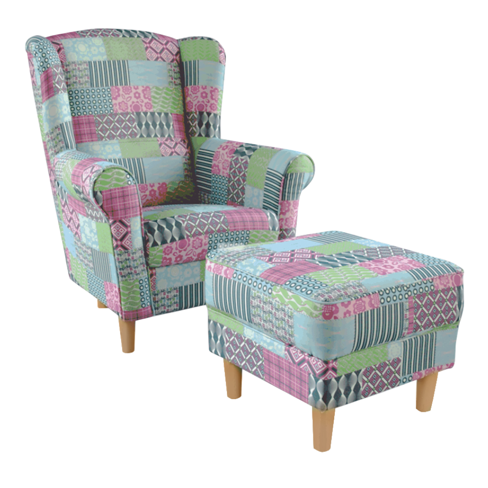 Fotoliu cu taburet ASTRID, material textil in stilul patchwork M1
