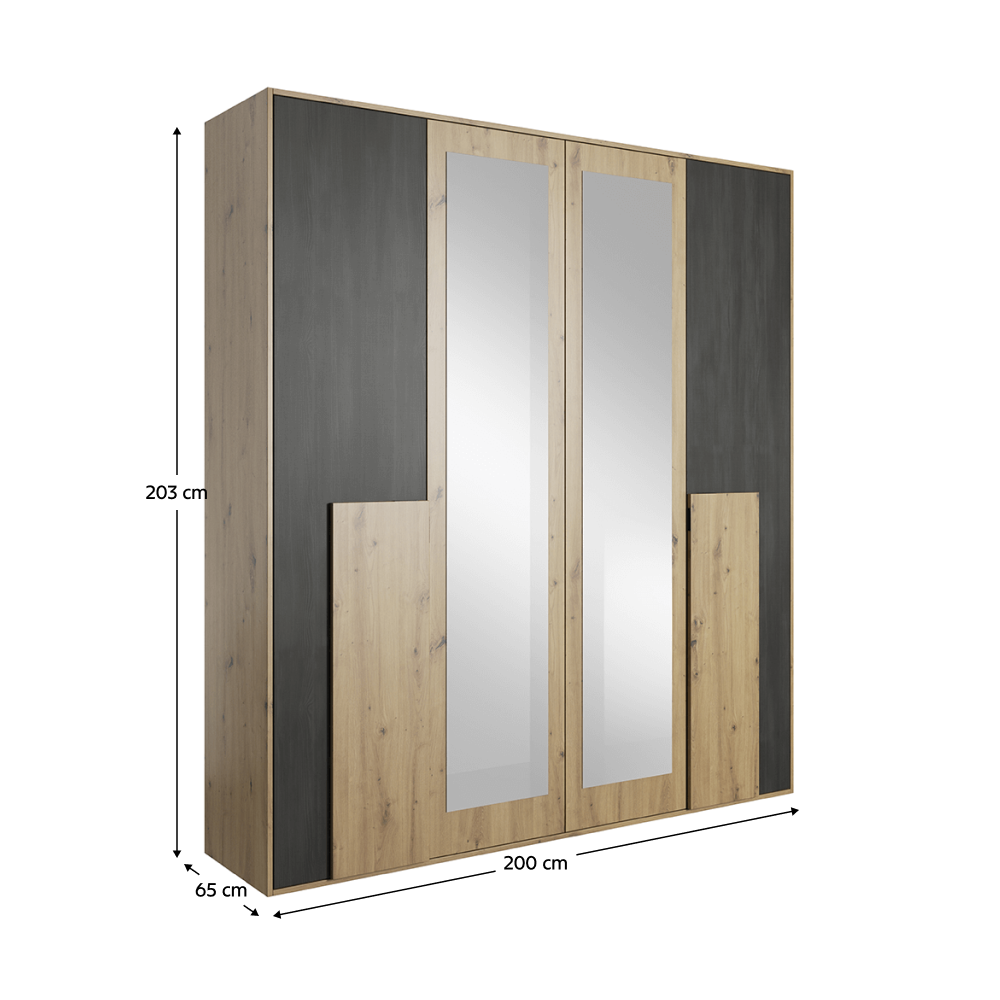 Set dormitor (dulap + pat + 2x noptiera) BAFRA, stejar artizan/pin norvegian negru