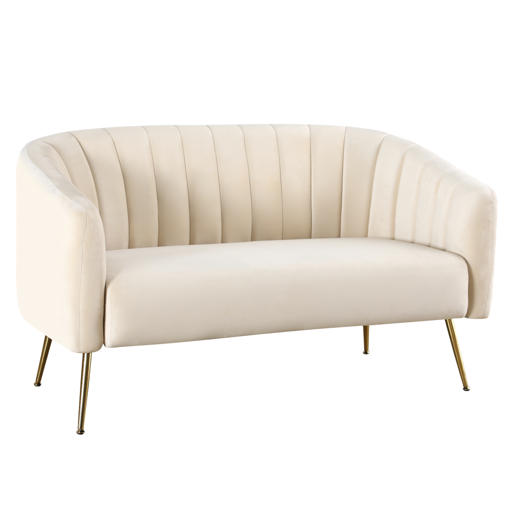 Canapea de design cu 2 locuri BAGY, tesatura Velvet bej/gold crom-auriu