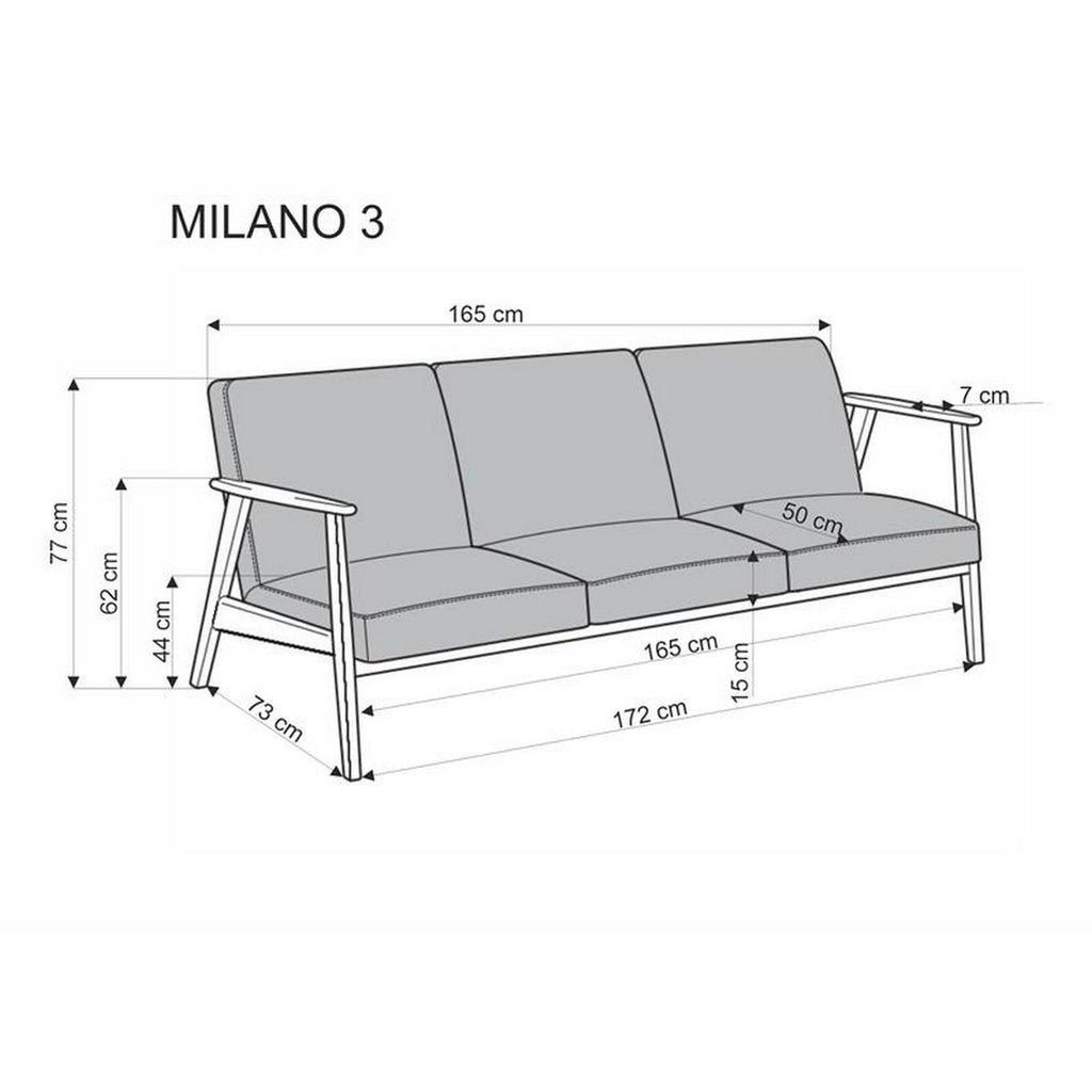 Canapea Milano 3S – schiță cu dimensiuni