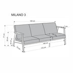 Canapea Milano 3S – schiță cu dimensiuni