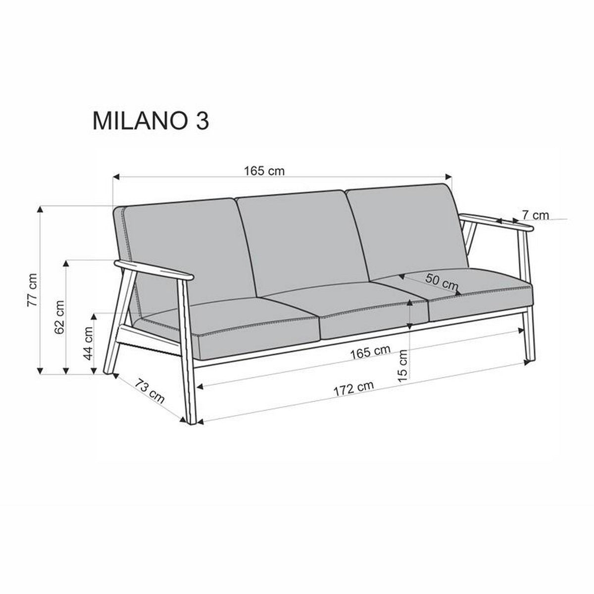 Canapea Milano 3S – schiță cu dimensiuni