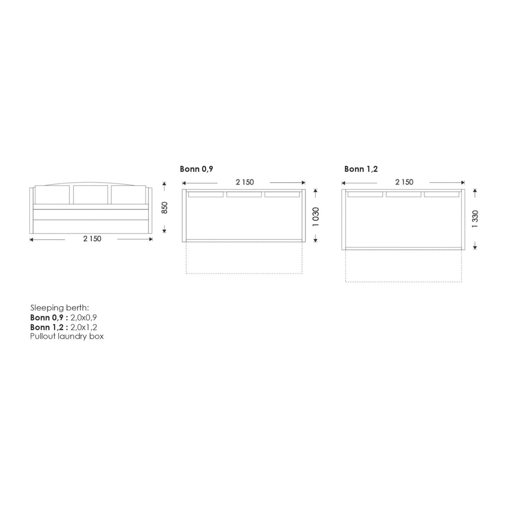 Divan Bonn – schiță cu dimensiuni