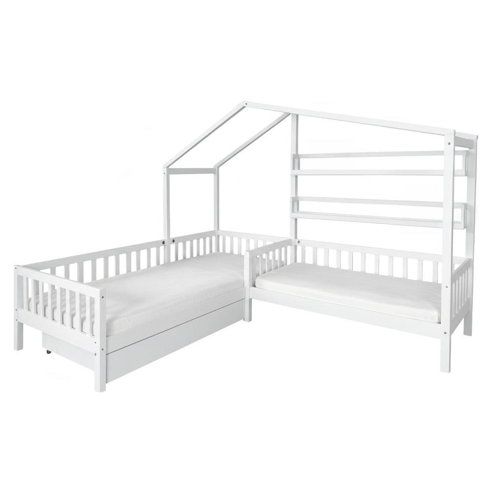 Pat, cu somiera pentru 2 copii, 90x200+70x140 cm, alb, ENOLA