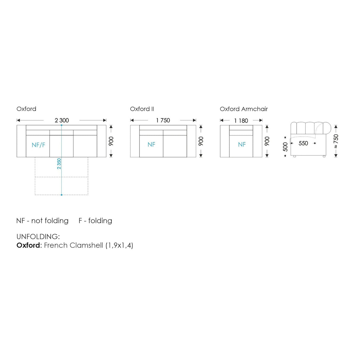 Fotoliu Oxford – schiță cu dimensiuni
