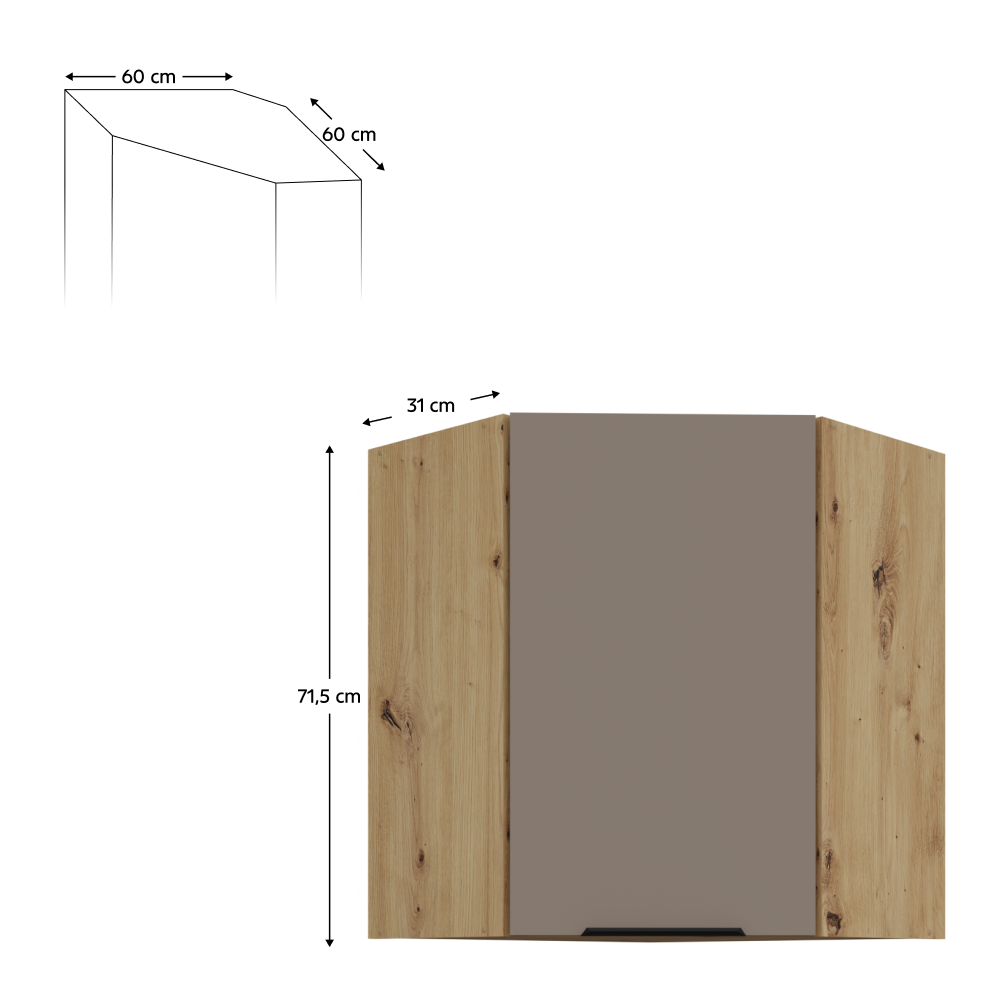 Dulap de colt superior FRISBO 60x60 GN-72 1F, sandgrau/stejar artisan