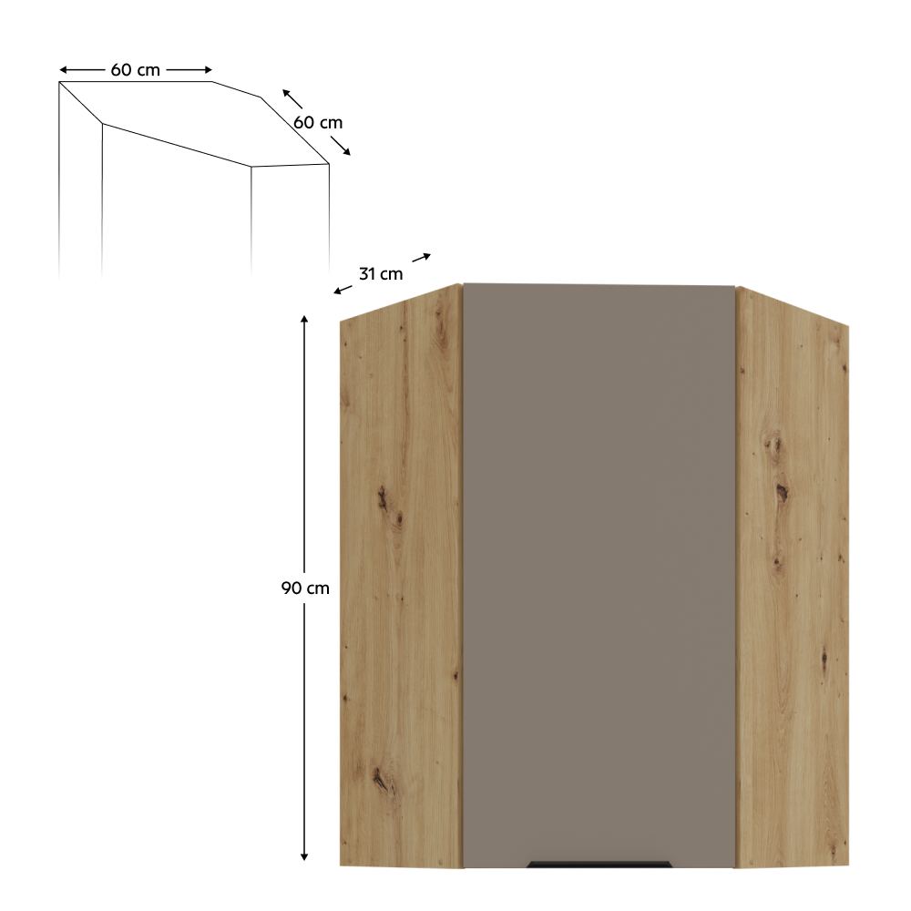 Dulap de colt superior FRISBO 60x60 GN-90 1F, sandgrau/stejar artisan