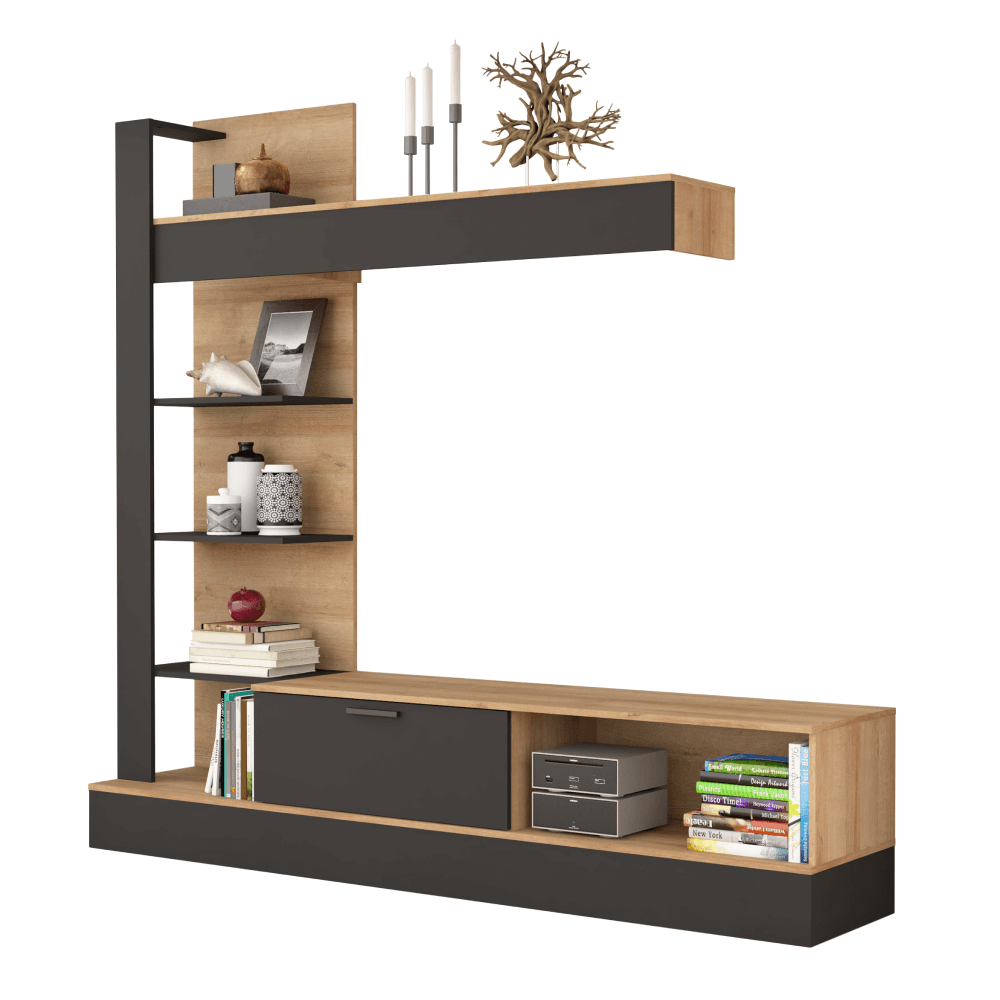 Mobilier de perete living GELUZA, stejar Riviera/negru