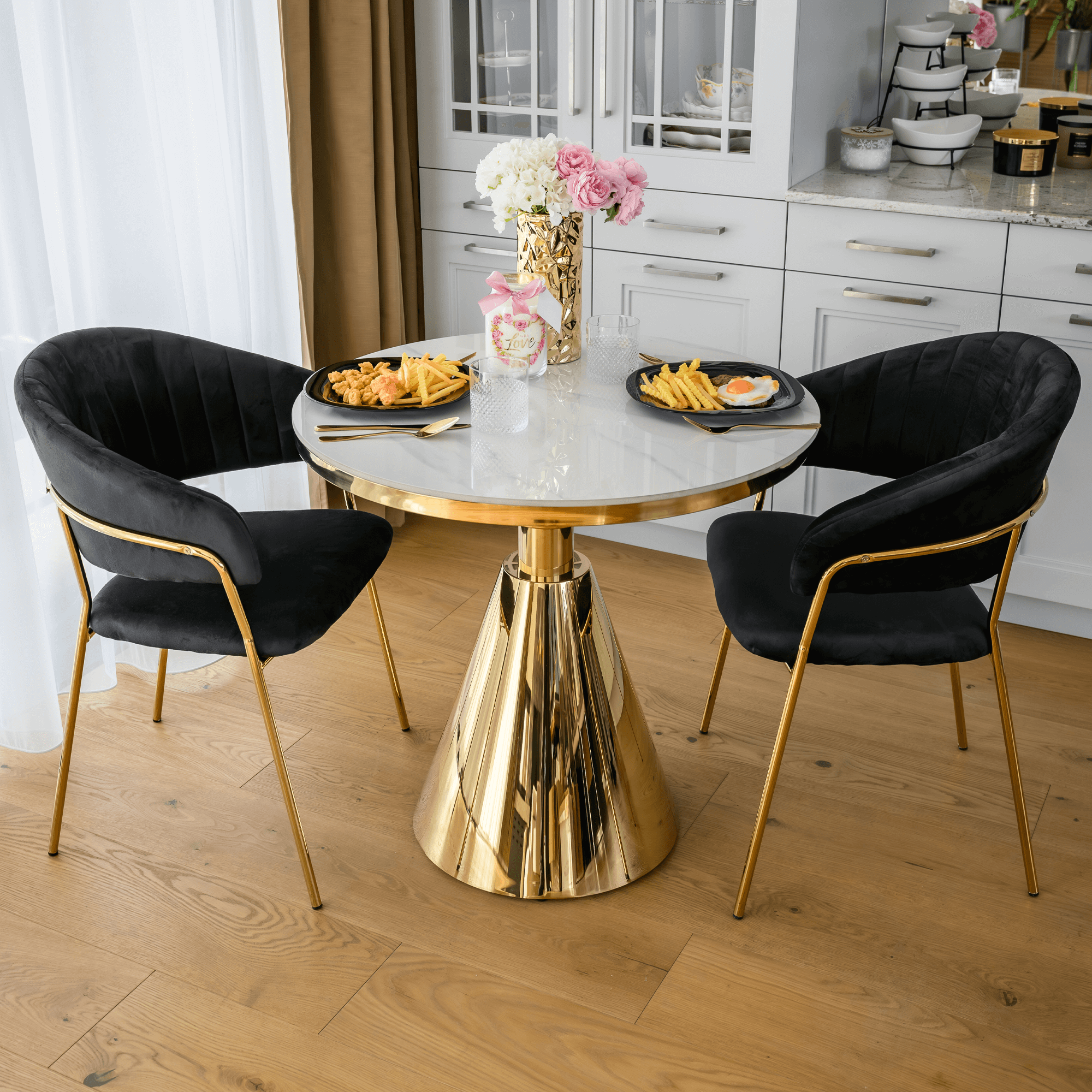 Masa dining GREIS, auriu / marmura alb
