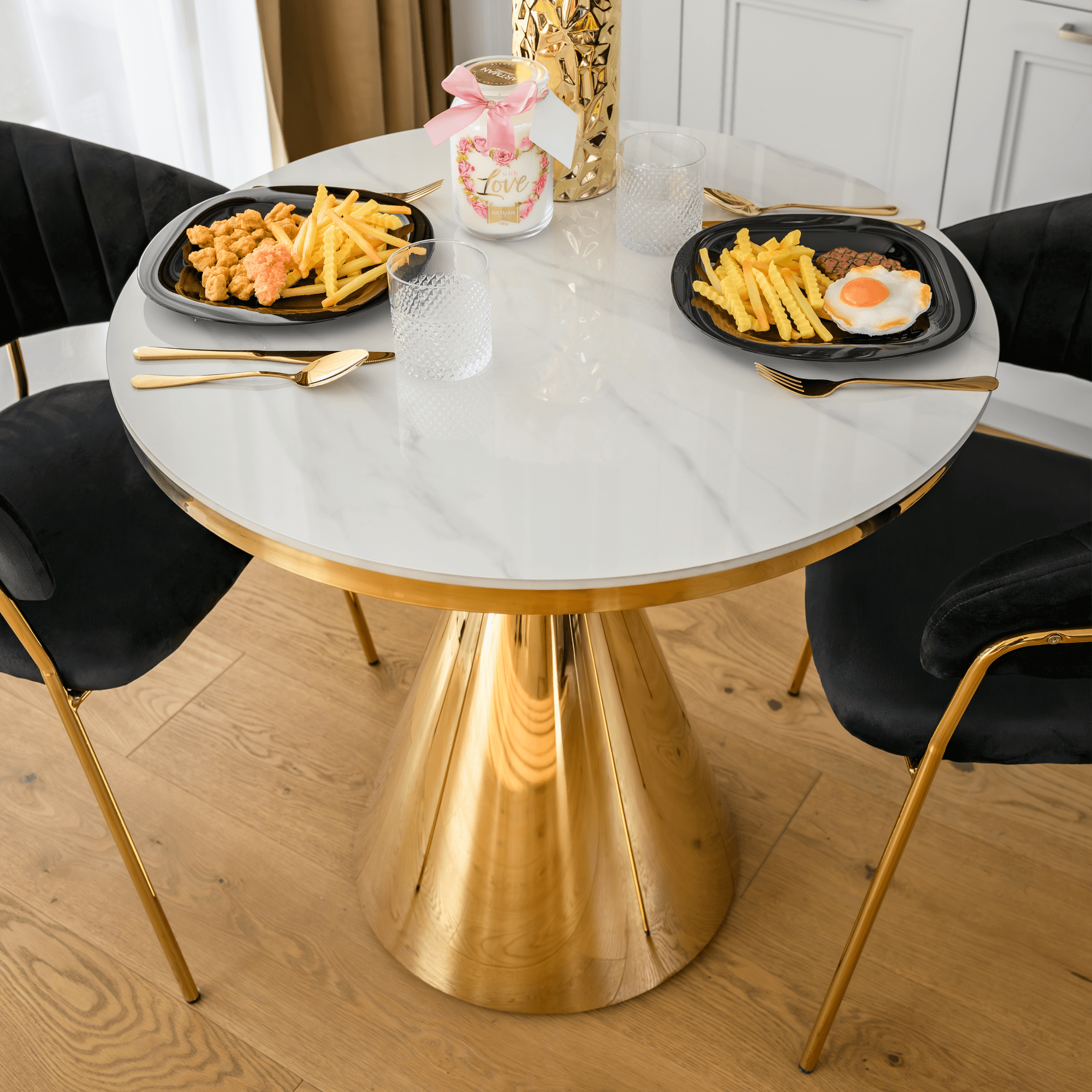 Masa dining GREIS, auriu / marmura alb