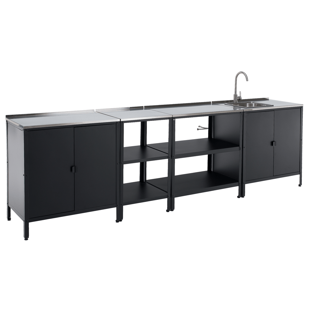Mobilier de bucatarie de gradina cu 4 piese INES, chiuveta, negru, otel