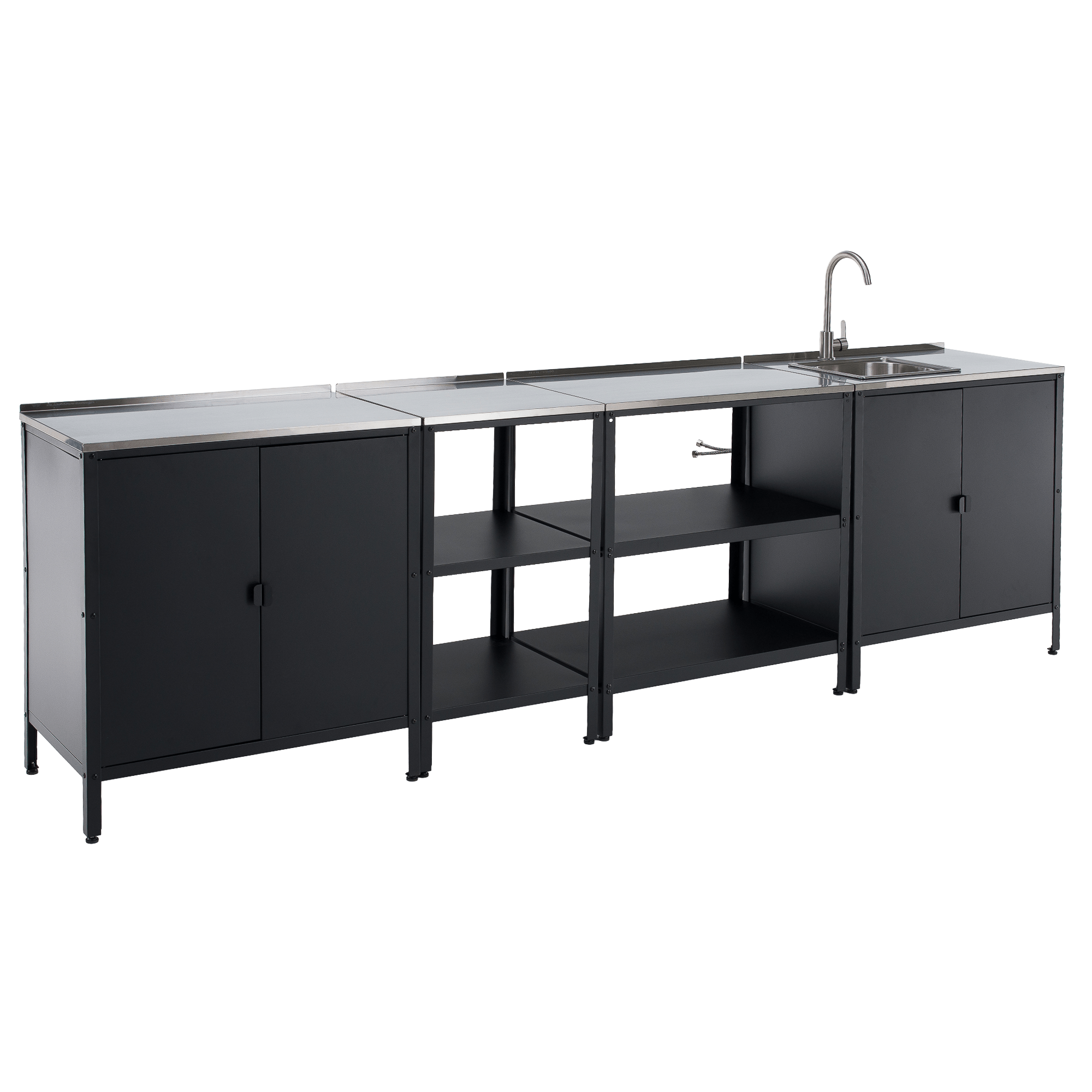 Mobilier de bucatarie de gradina cu 4 piese INES, chiuveta, negru, otel