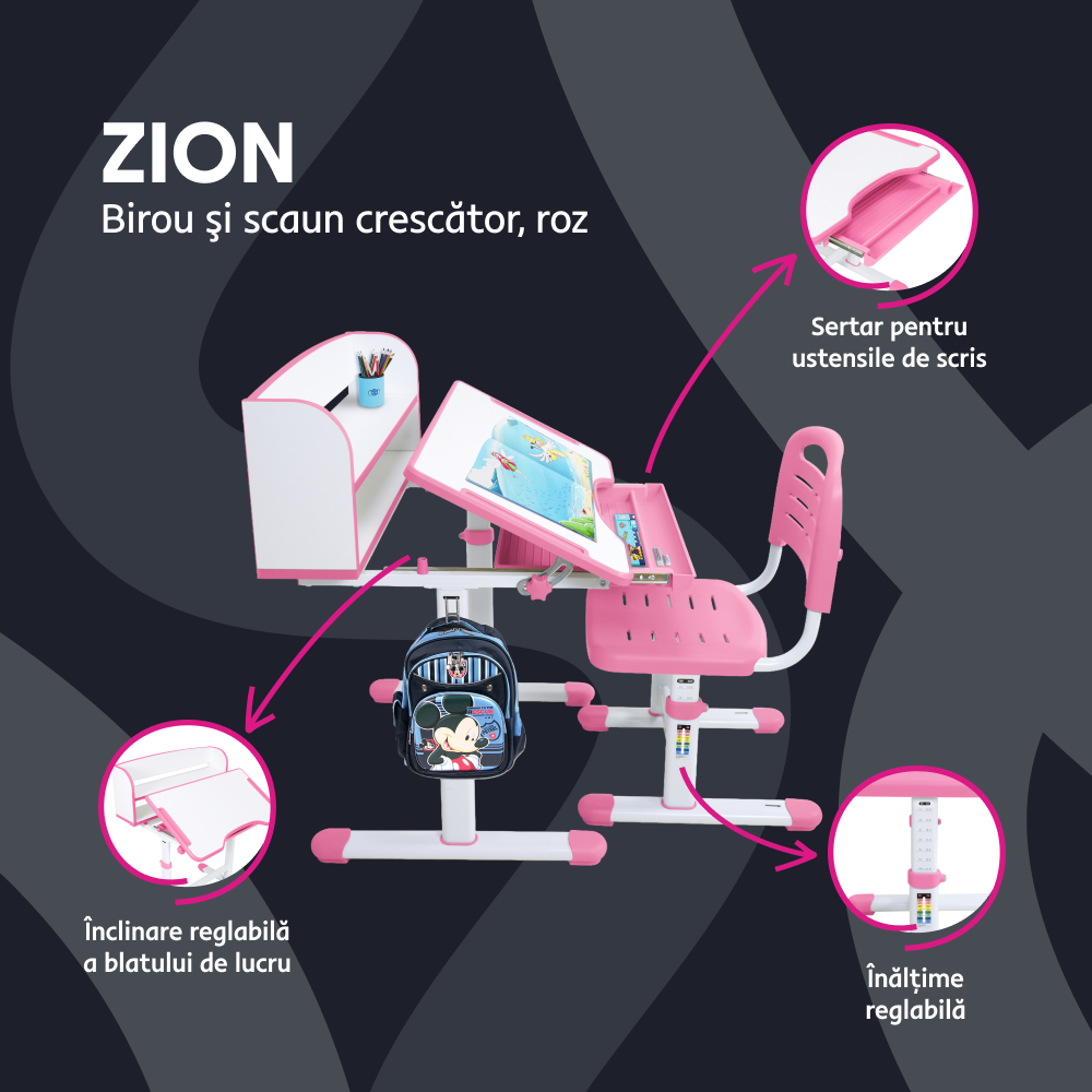 Masa si scaun de crestere ZION, roz / alb
