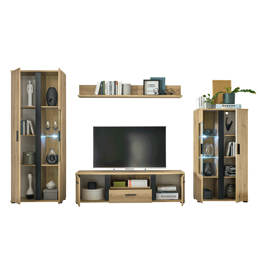 Perete living KANODE, stejar artizan/negru
