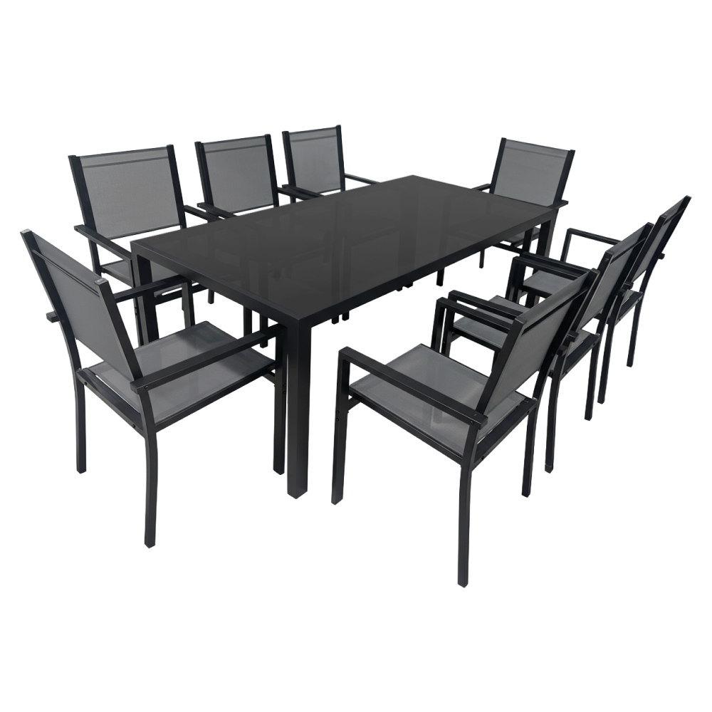 Set de gradina din 9 piese KESIOS, gri/negru, aluminiu