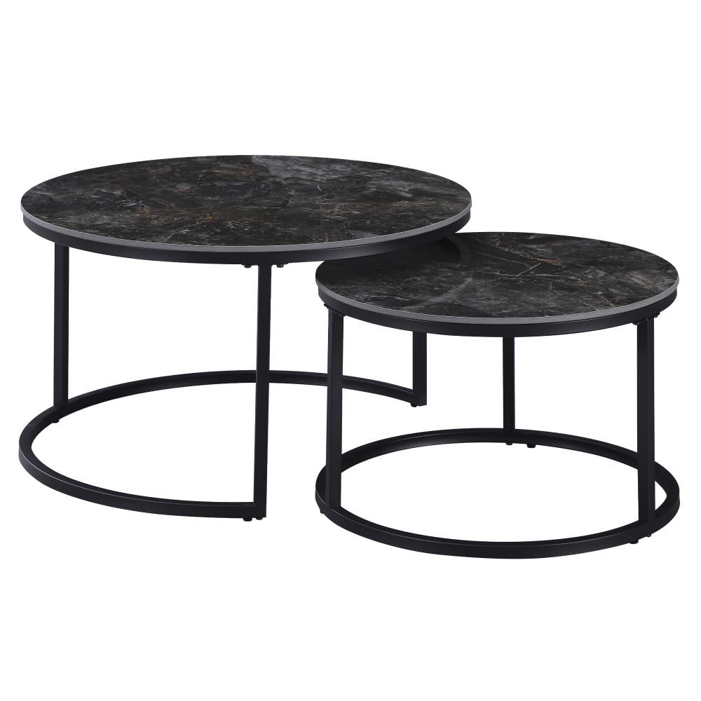 Masute de cafea LASTRO, set de 2, marmura negru/otel negru
