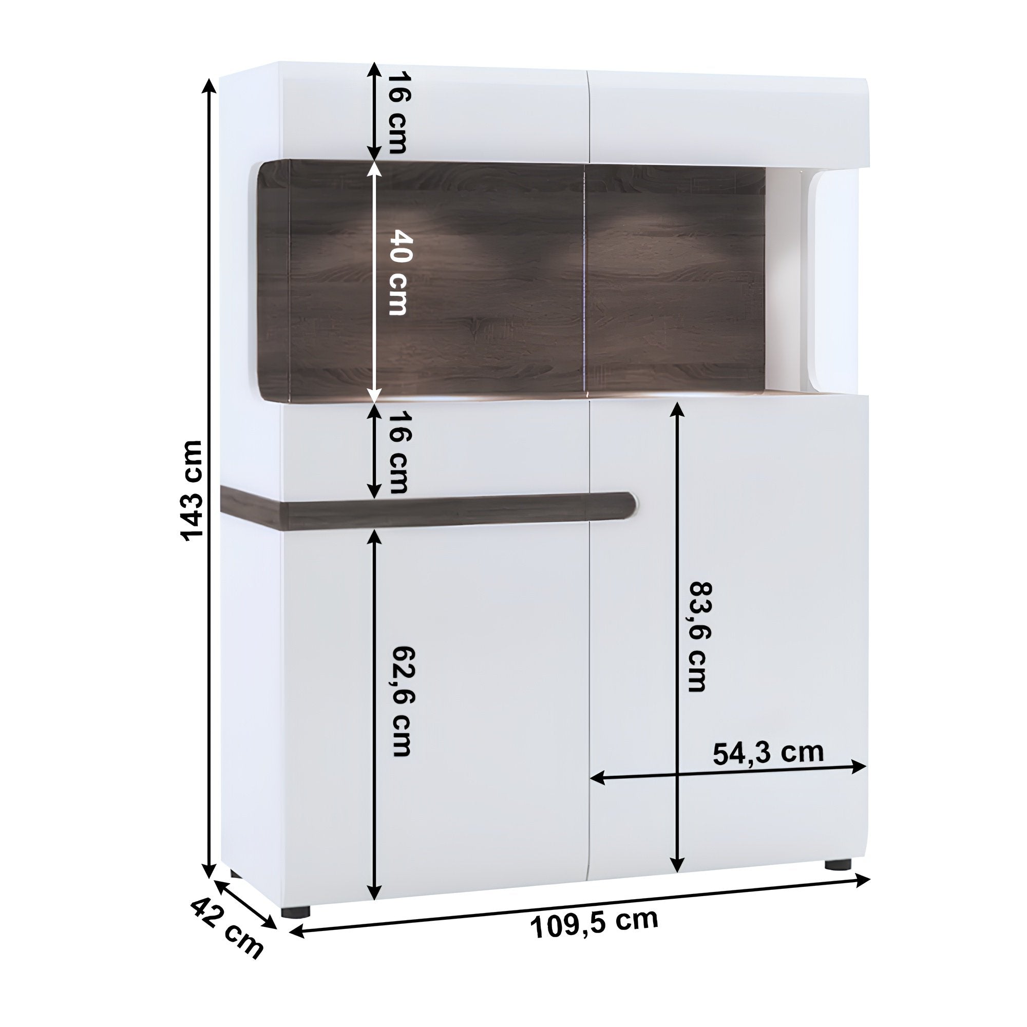 Vitrina LYNATET, alb lucios / stejar sonoma inchis