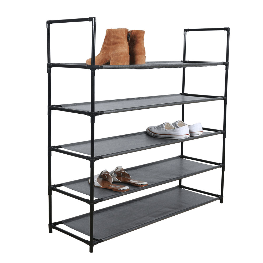 Cutie pentru pantofi MADILO, 5 randuri, metalica, neagra, cu rafturi din tesatura
