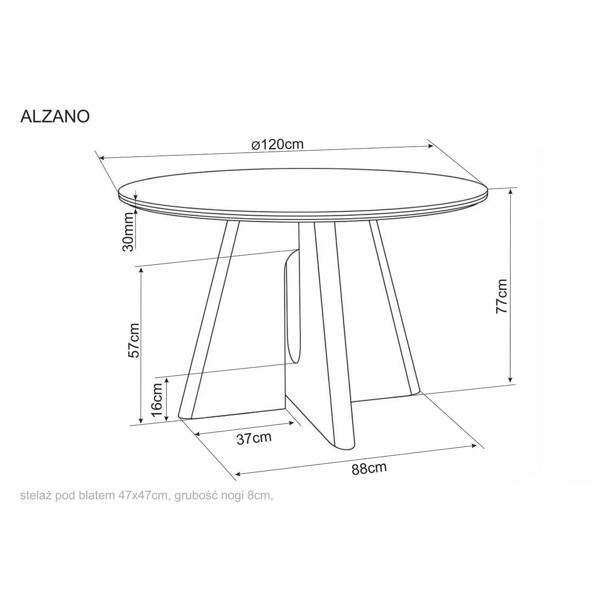 Masă dining Alzano – schiță cu dimensiuni