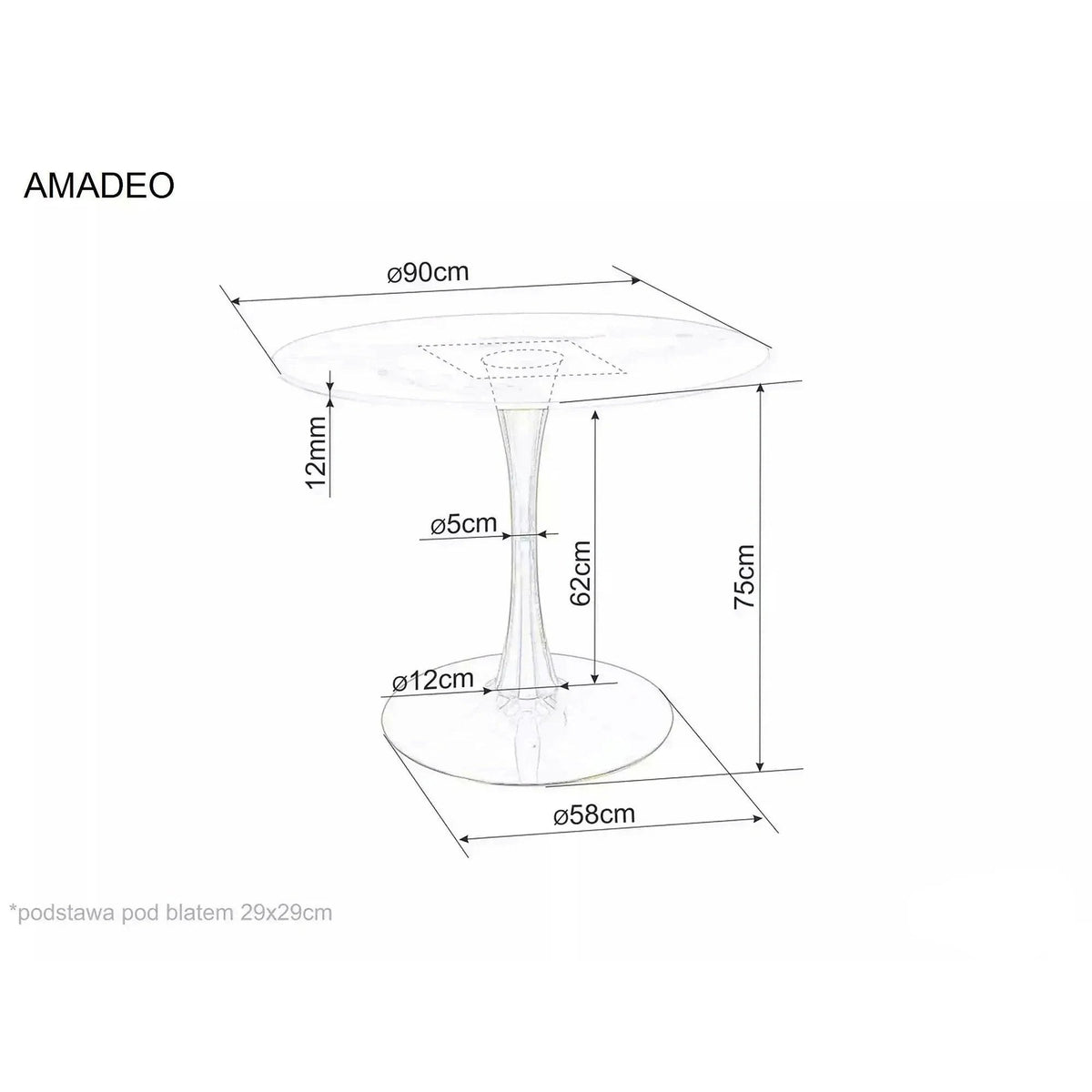 Masă dining Amadeo – schiță cu dimensiuni