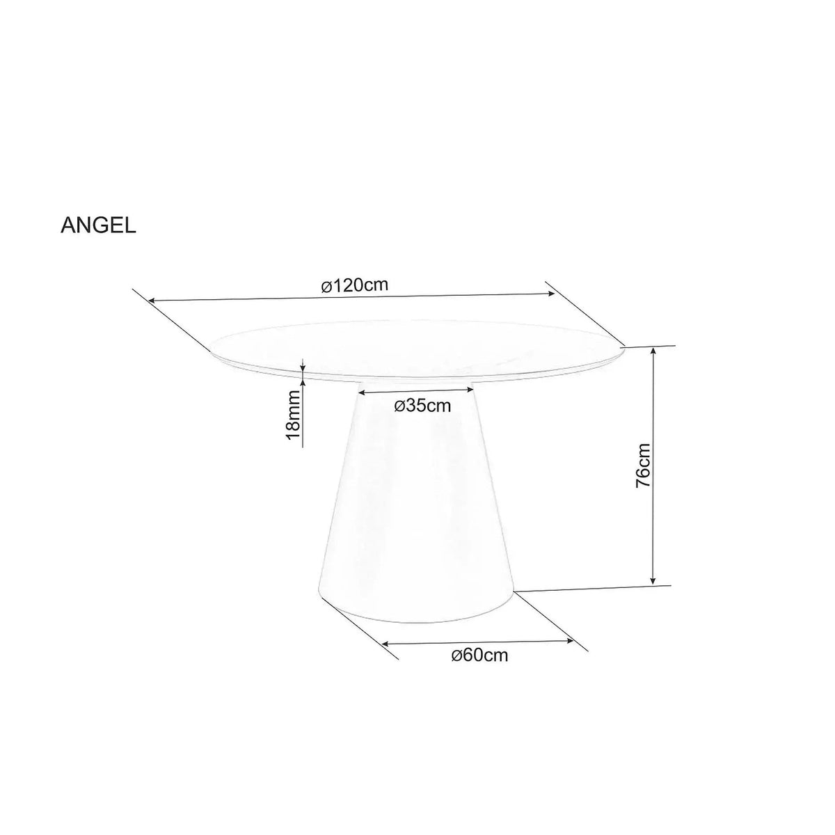 Masă dining Angel – schiță cu dimensiuni
