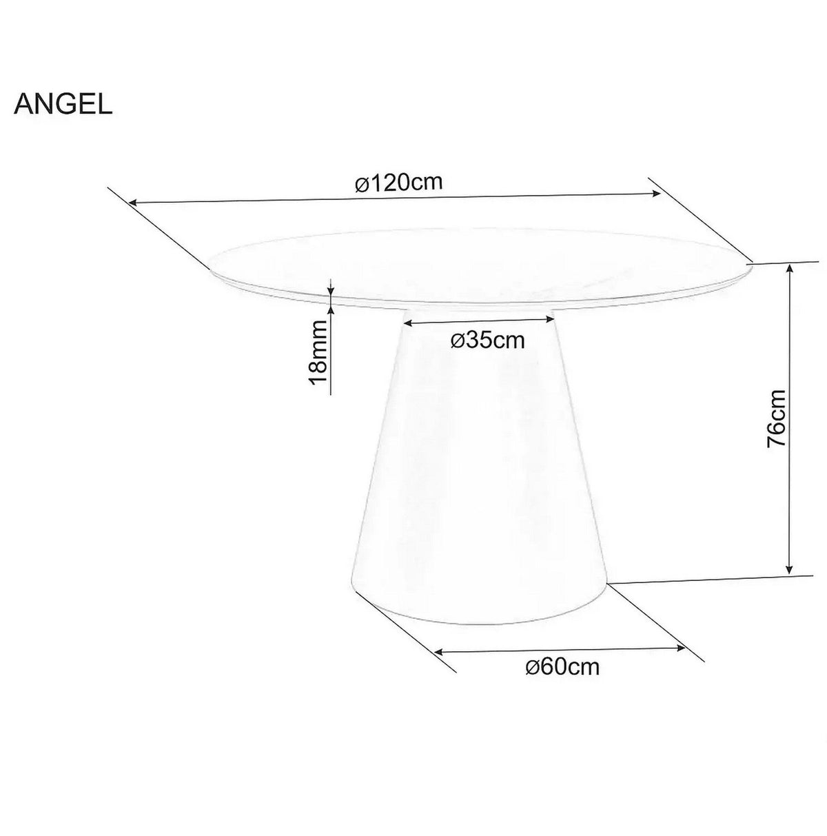 Masă dining Angel II – schiță cu dimensiuni