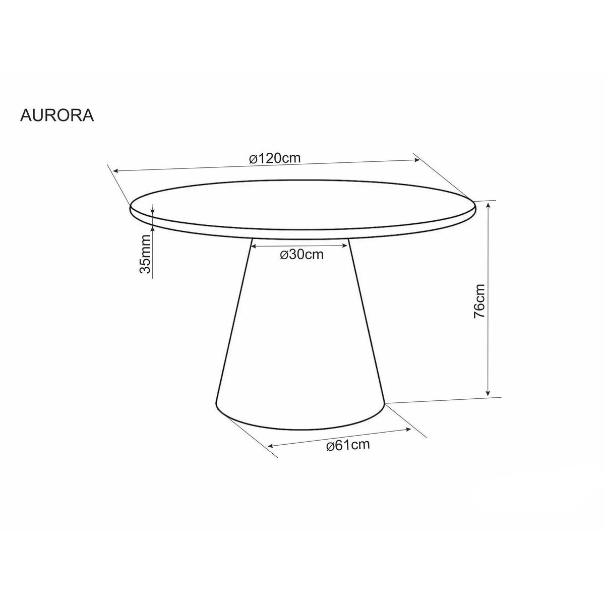 Masă dining Aurora – schiță cu dimensiuni