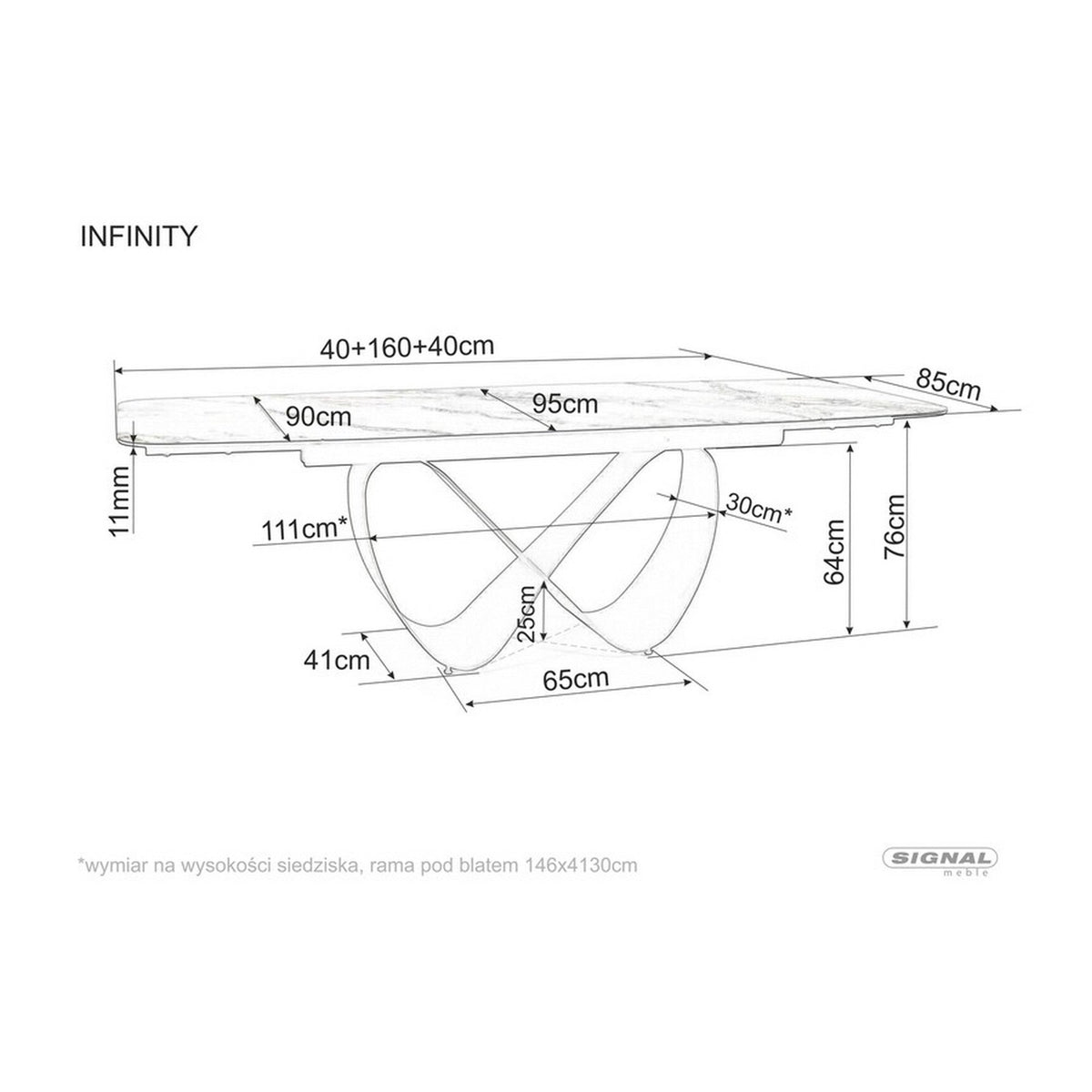 Masă dining Infinity – schiță cu dimensiuni