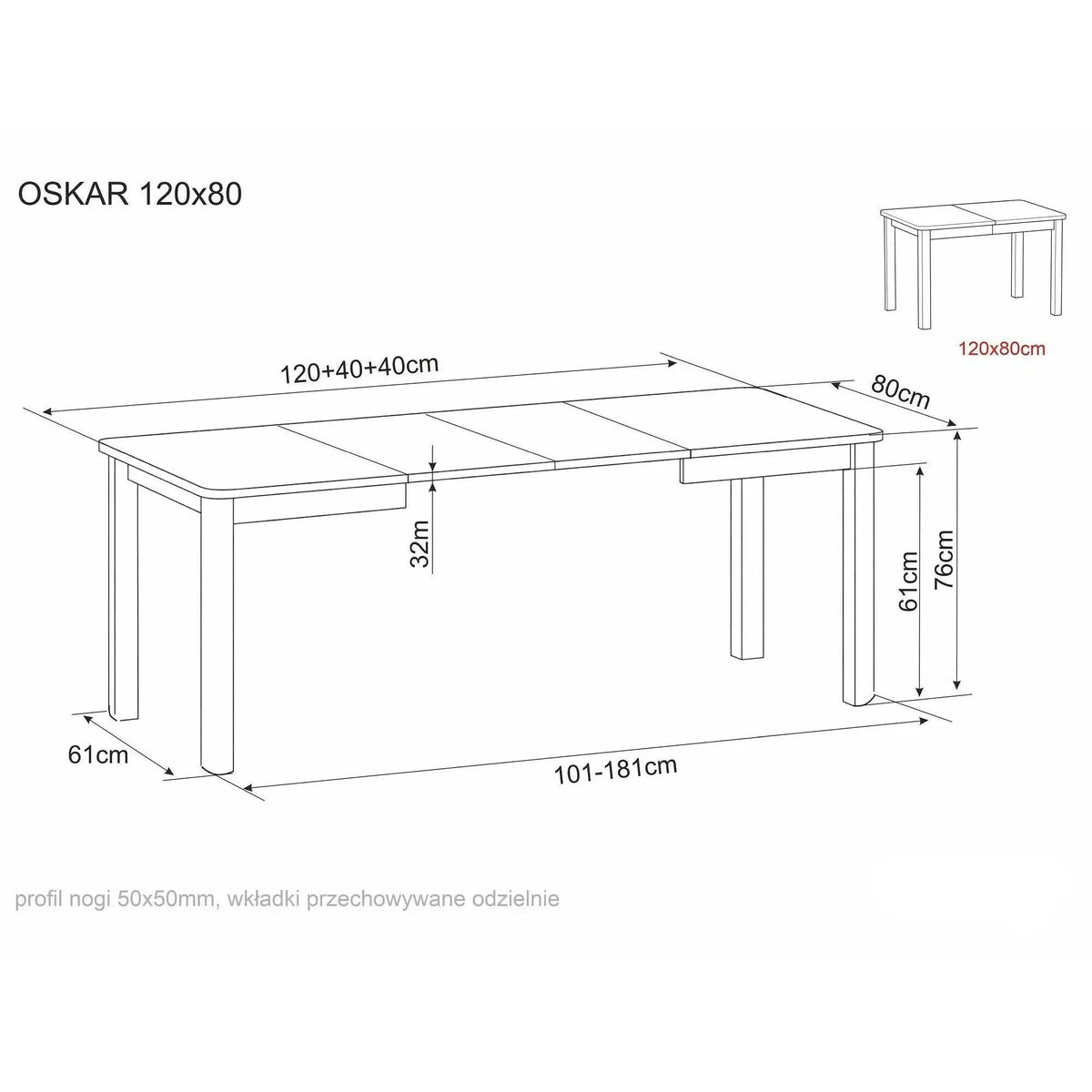 Masă dining Oskar – schiță cu dimensiuni