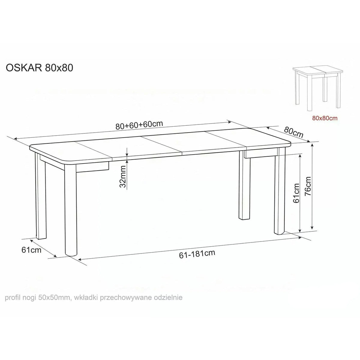 Masă dining Oskar – schiță cu dimensiuni