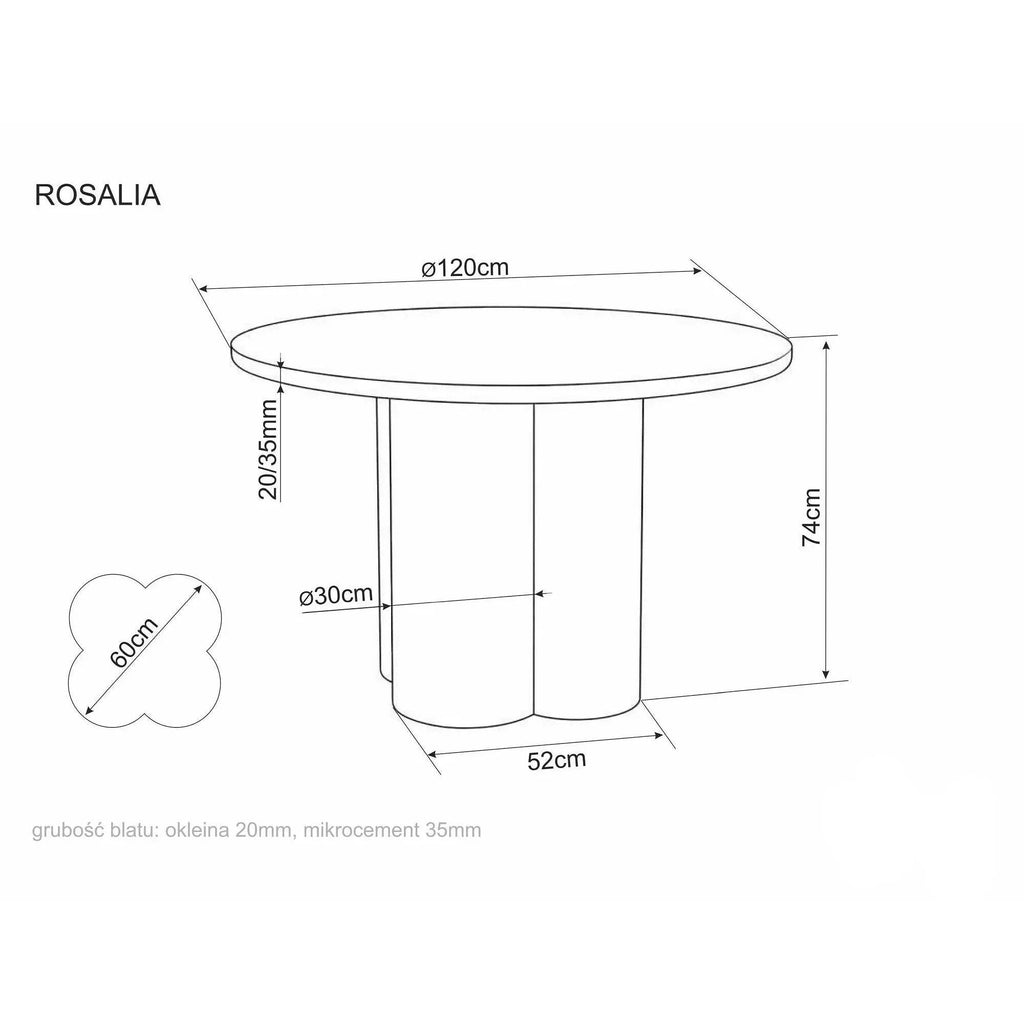 Masă dining Rosalia – schiță cu dimensiuni