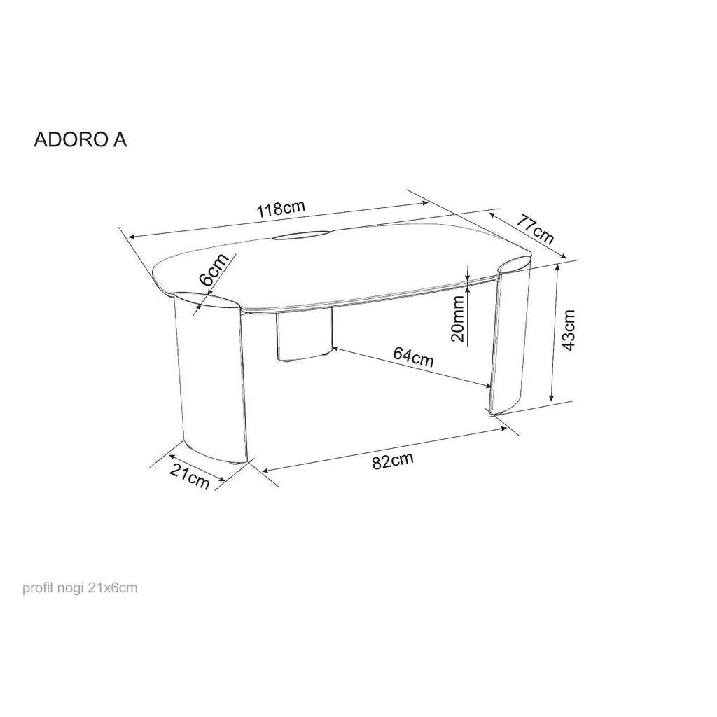Măsuță de cafea Adoro A – schiță cu dimensiuni