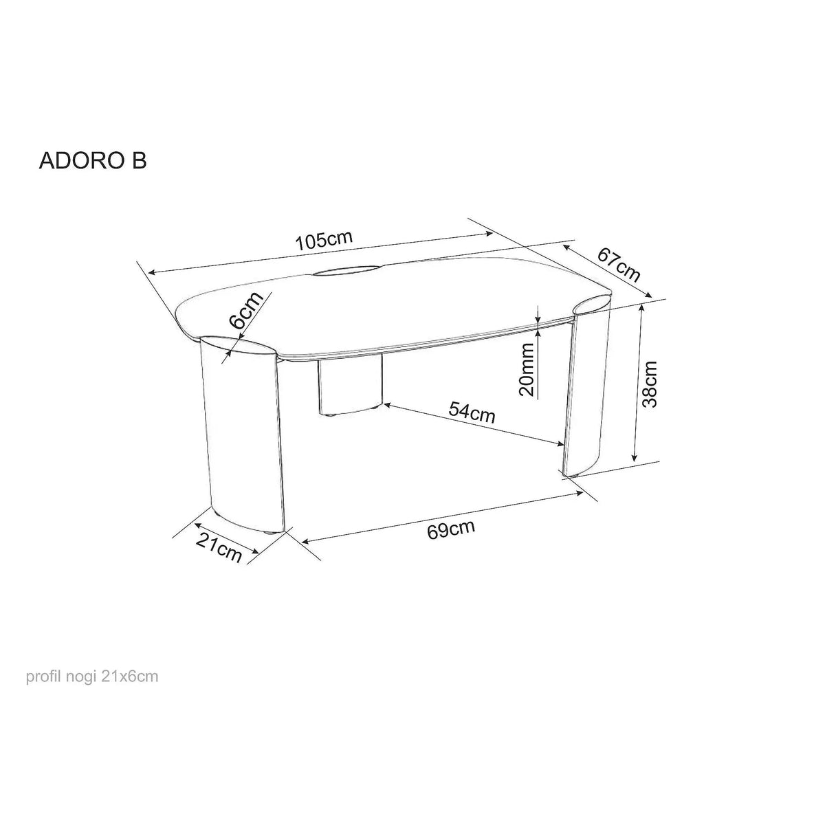 Măsuță de cafea Adoro B – schiță cu dimensiuni