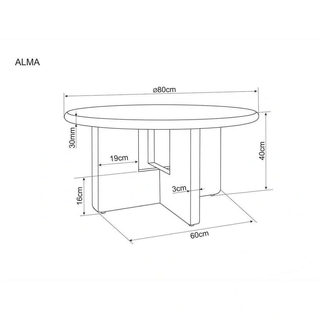 Măsuță de cafea Alma – schiță cu dimensiuni