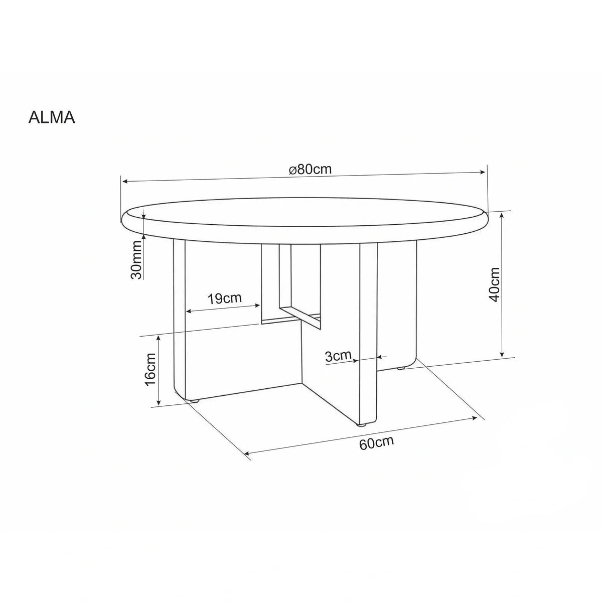 Măsuță de cafea Alma – schiță cu dimensiuni