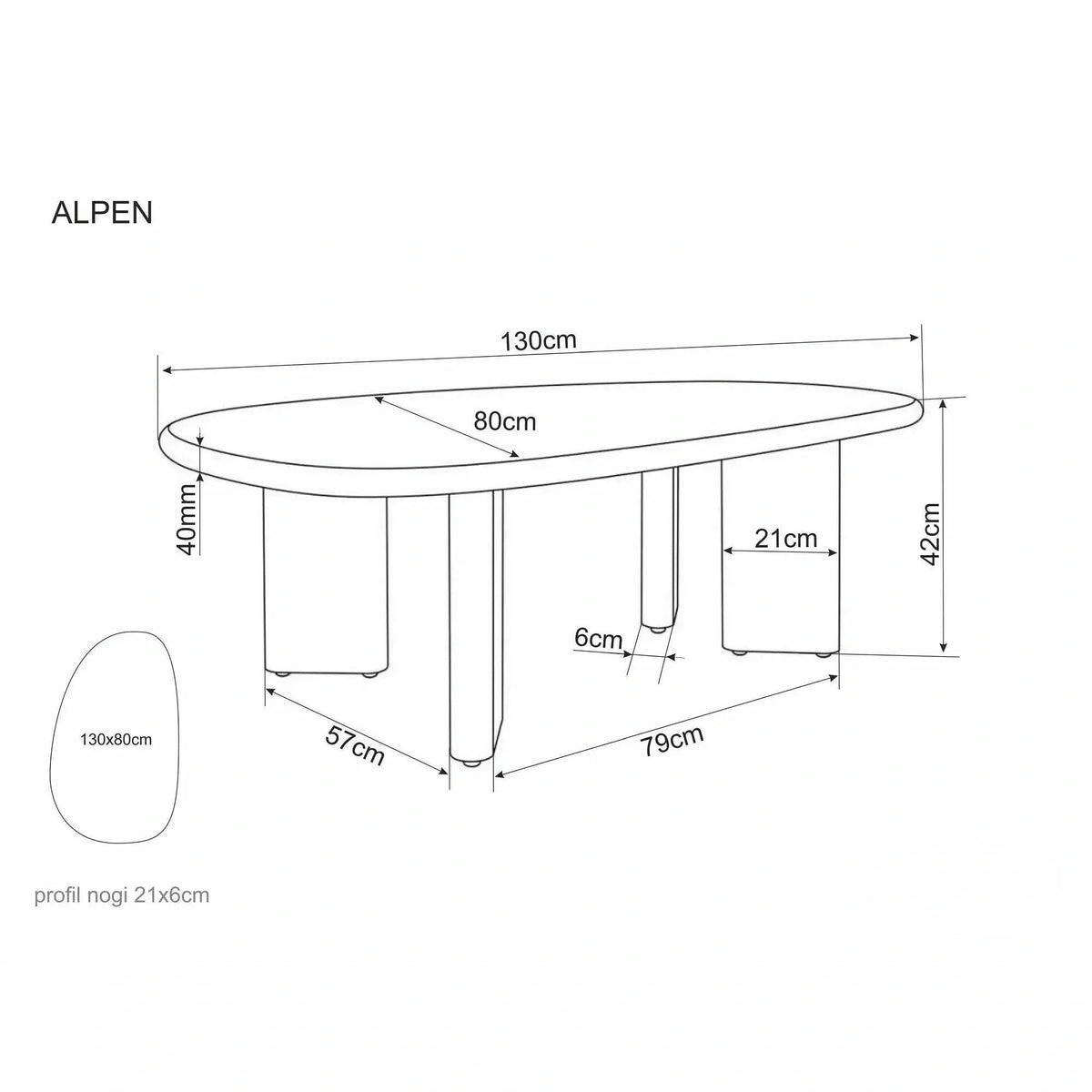 Măsuță de cafea Alpen – schiță cu dimensiuni
