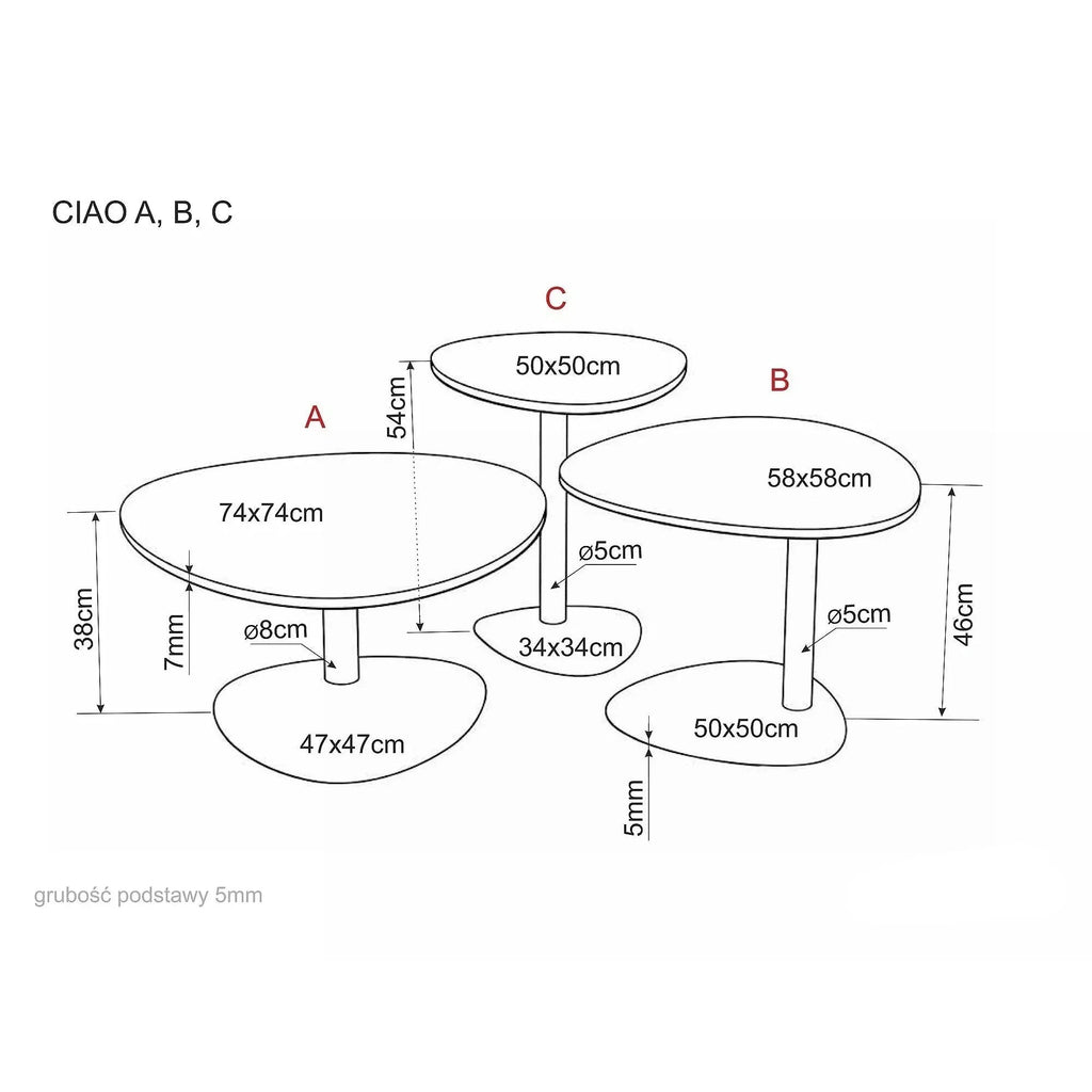 Măsuță de cafea Ciao A – schiță cu dimensiuni