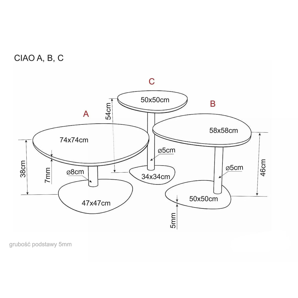 Măsuță de cafea Ciao A – schiță cu dimensiuni