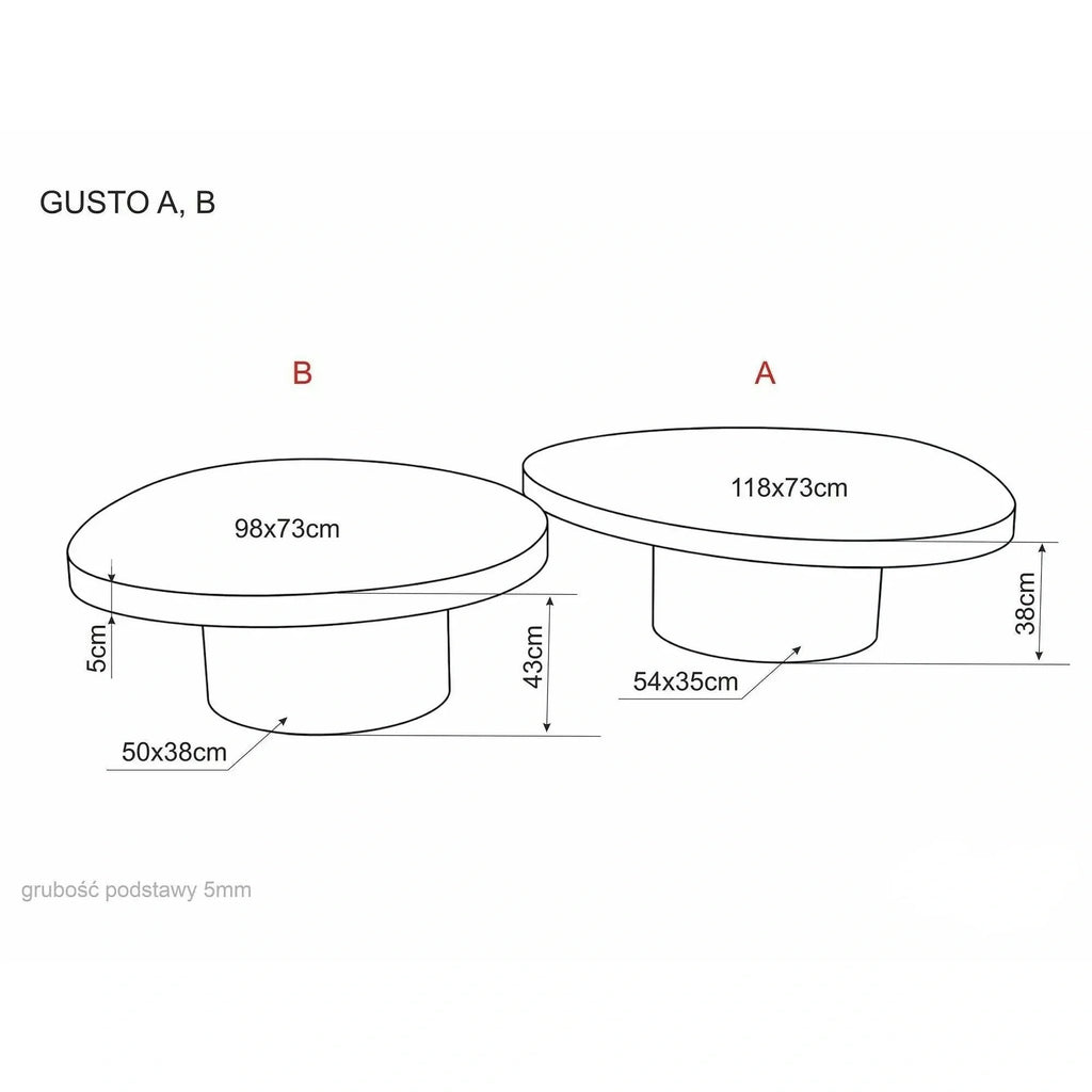 Măsuță de cafea Gusto A – schiță cu dimensiuni