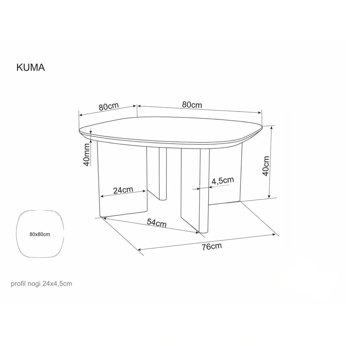 Măsuță de cafea Kuma – schiță cu dimensiuni