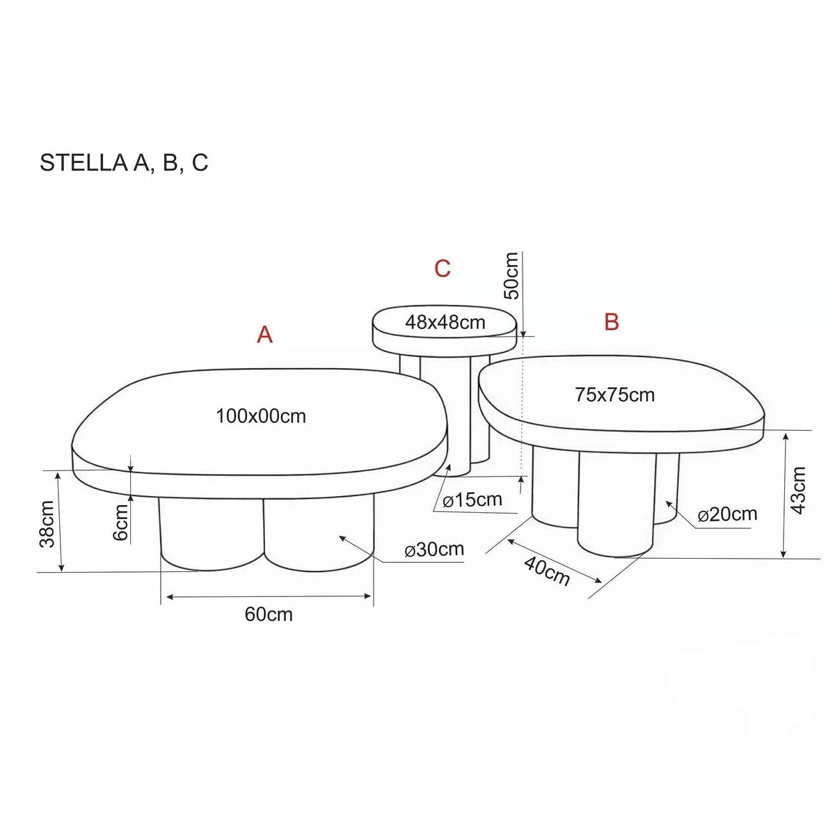 Măsuță de cafea Stella A – schiță cu dimensiuni