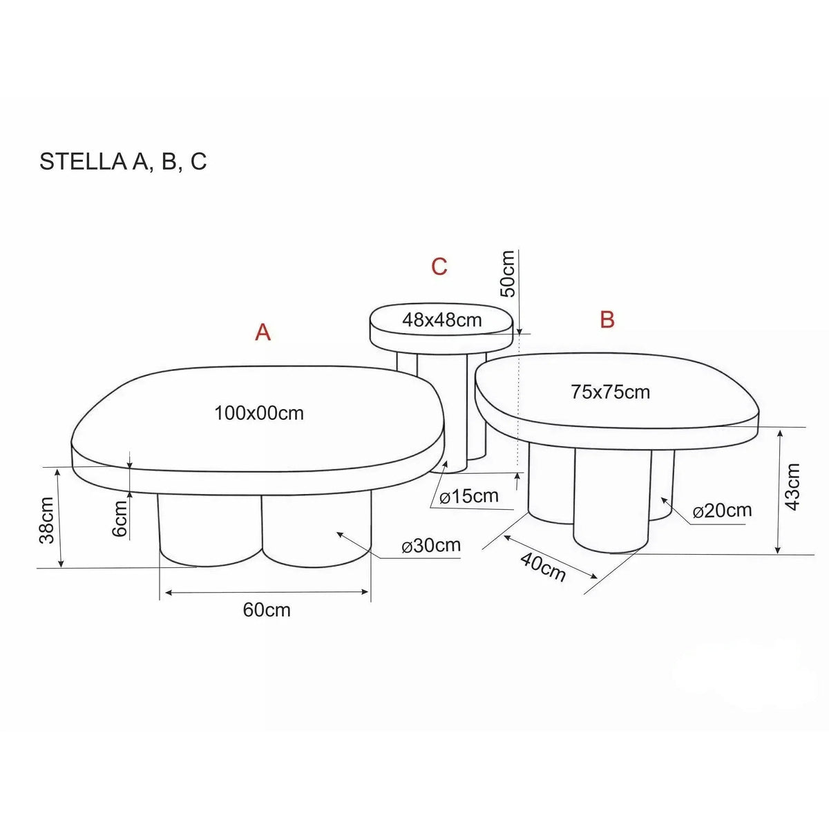 Măsuță de cafea Stella B – schiță cu dimensiuni