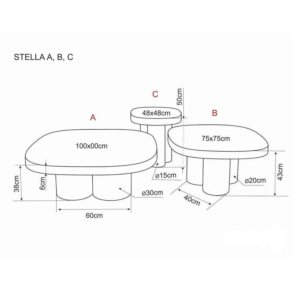 Măsuță de cafea Stella C – schiță cu dimensiuni