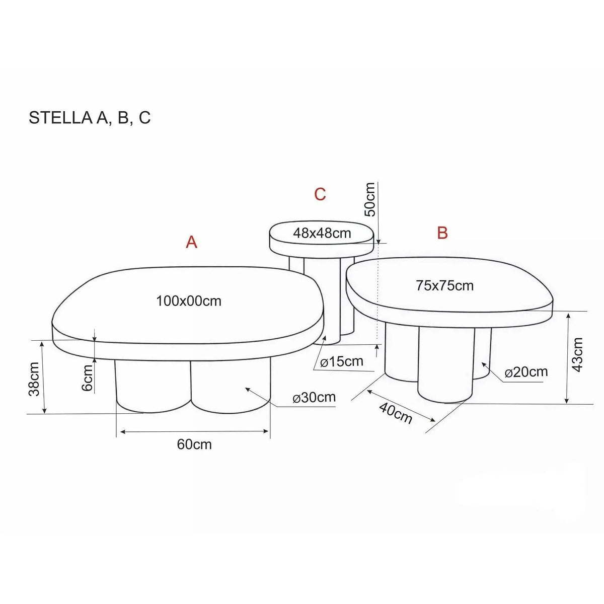 Măsuță de cafea Stella C – schiță cu dimensiuni