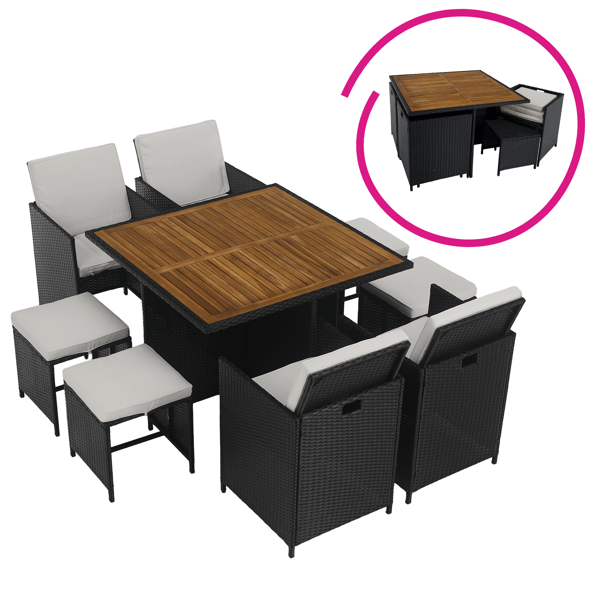 Set de gradina din ratan MELFORD, lemn de salcam, negru/crem/natural