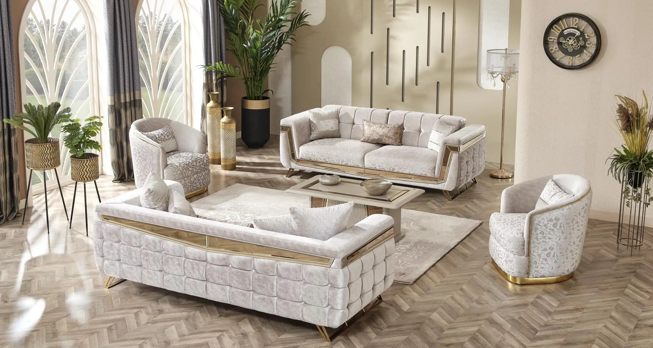 Canapea fixa 3 locuri stil Chesterfild Milano, Gold – Maxinova (imaginea 3)
