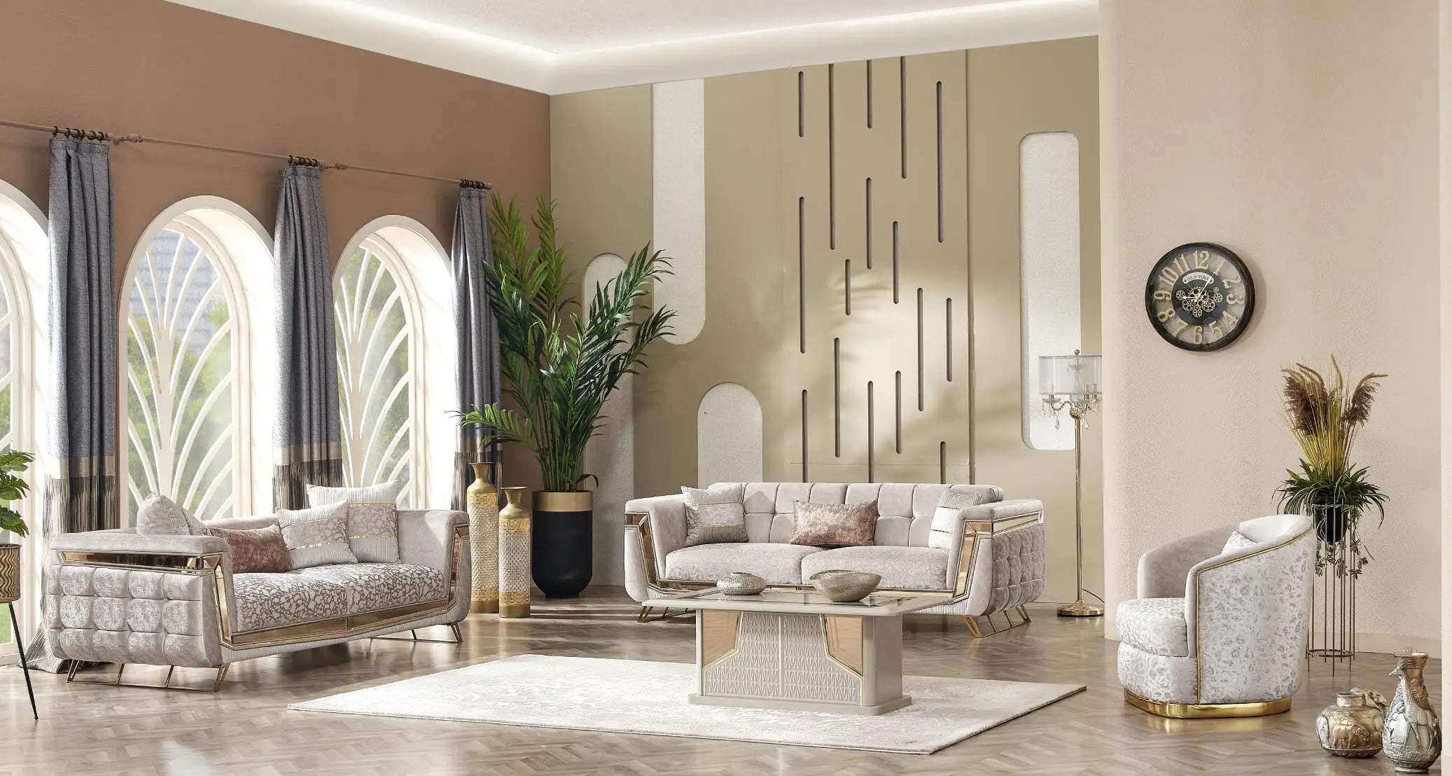 Canapea fixa 3 locuri stil Chesterfild Milano, Gold – Maxinova (imaginea 2)