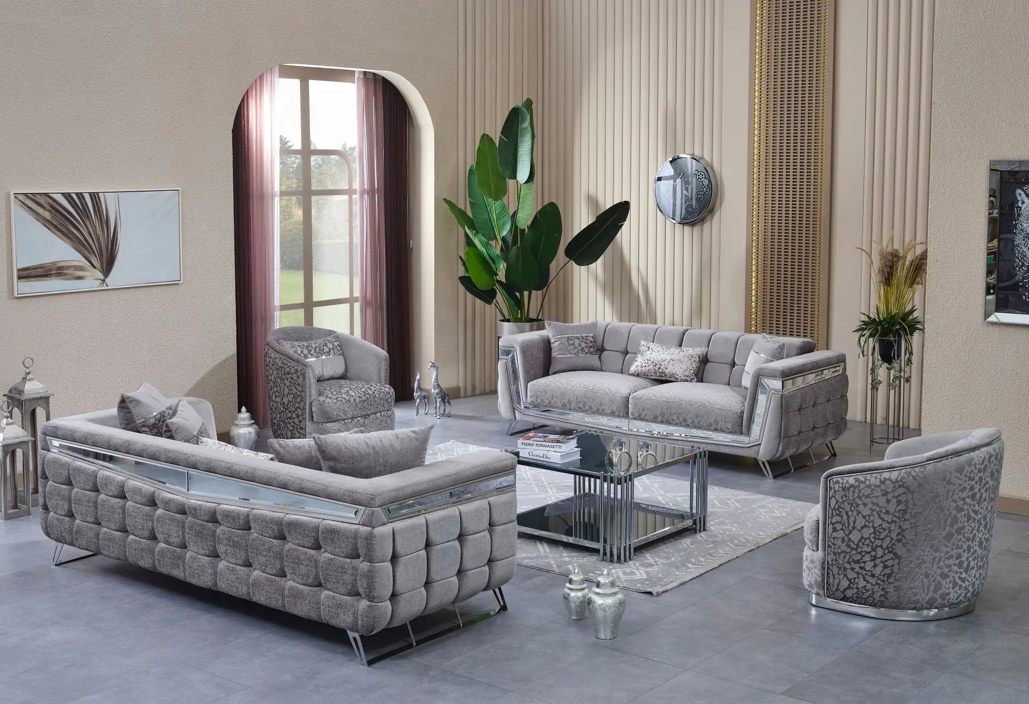 Canapea fixa 3 locuri stil Chesterfield Milano, crom – Maxinova (imaginea 2)